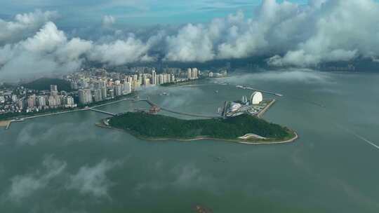 空中俯瞰珠海城市航拍珠海地标大剧院日月贝