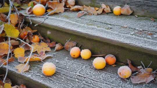 覆霜果实与落叶的台阶景象