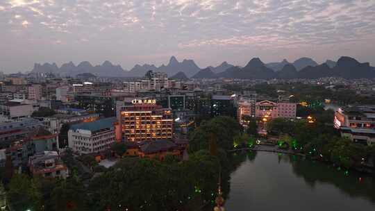 广西桂林日月塔夜景晚霞航拍