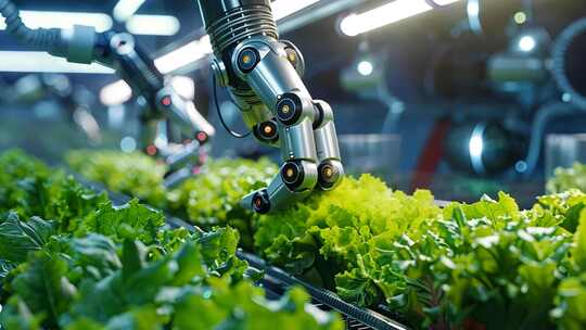 现代农业大棚内智能机器人正在养护蔬菜