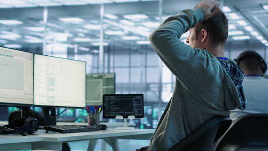 疲劳的管理员在服务器机房工作时伸展身体以