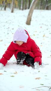 冬天在公园树林里玩雪的中国女孩形象