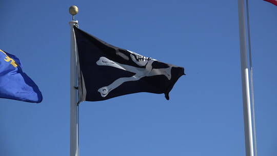 蓝天下飘动的海盗旗