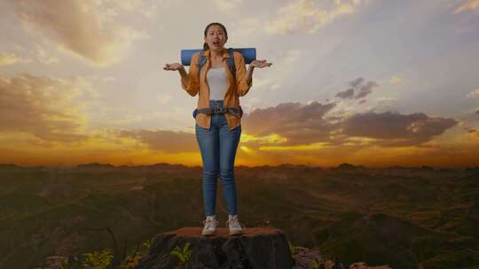 困惑的亚洲女性徒步旅行者做手势怀疑和说为