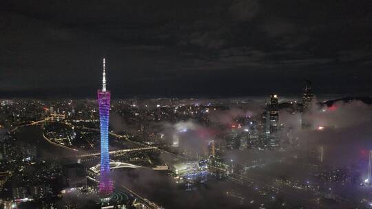 广州市中心花城汇暴雨航拍夜景高楼大厦