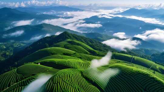 空中俯瞰连绵茶山与云海