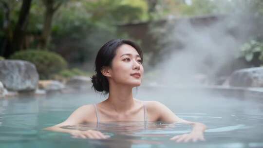 女子泡温泉享受惬意时光