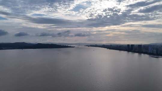 广东汕头海湾夕阳晚霞航拍