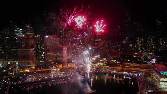 航拍澳大利亚悉尼港夜景烟火摩天大楼灯光