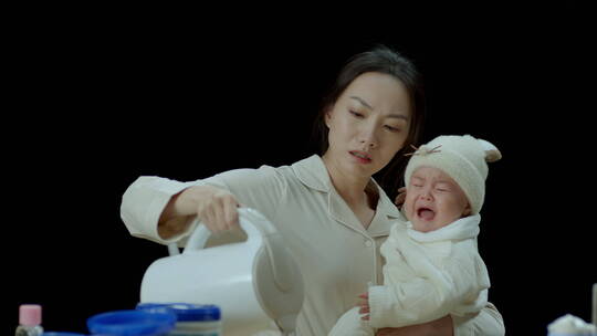 年轻父母带婴儿 哄婴儿 兑奶粉