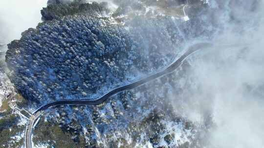 冬季山峰盘山公路森林雪景航拍视频