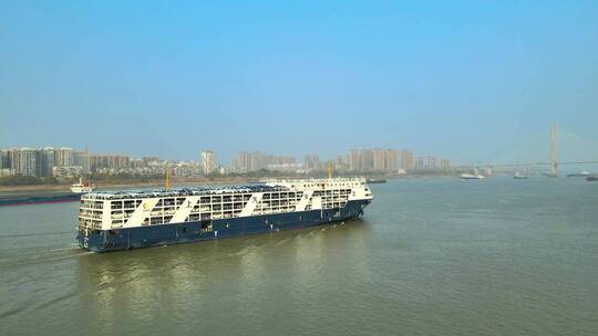 航拍安庆市长江航道运输汽车的巨型货轮视频素材模板下载