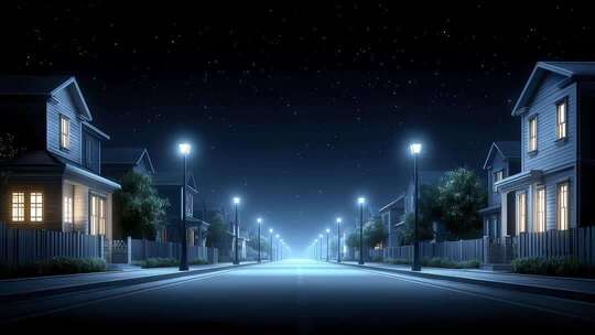 宁静夜晚星空下的街道灯光闪耀