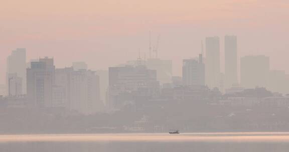 清晨杭州城市高楼与西湖风光空镜