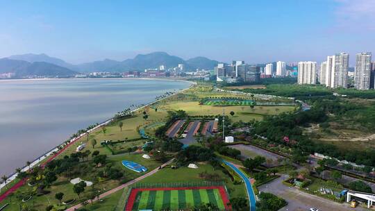 珠海唐家湾海岸线滨海公园绿化城市建设航拍