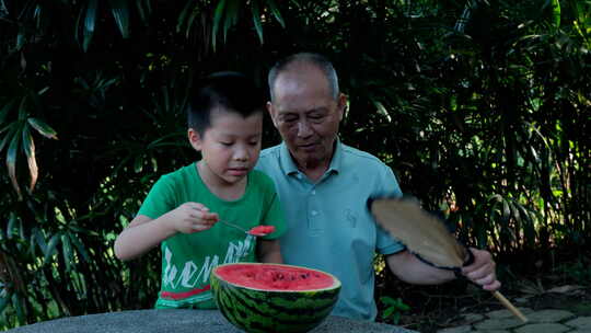 炎热夏天老爷爷和孙子一起吃西瓜