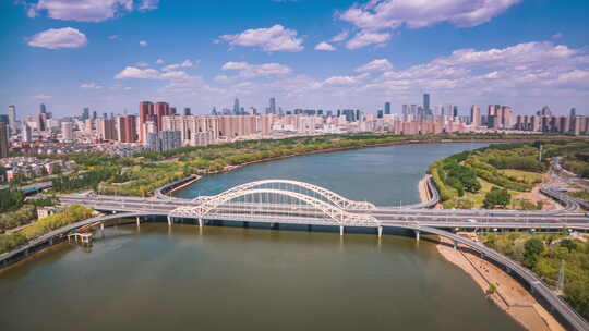 辽宁沈阳浑河沿岸壮观大气城市风景航拍延时