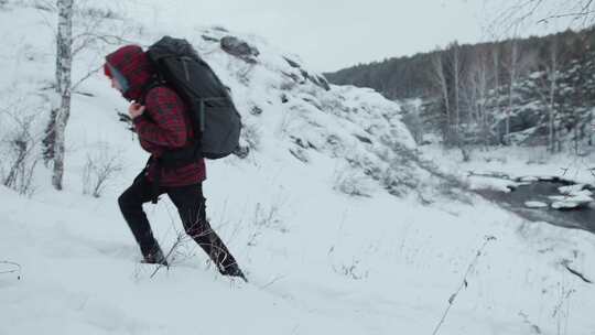 徒步旅行者，背包，荒野，雪