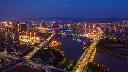 吉安古后河绿廊夜景航拍延时