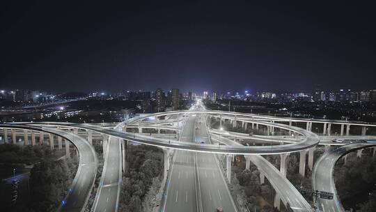 俯拍夜晚杭州滨江时代大道高架中兴立交夜景