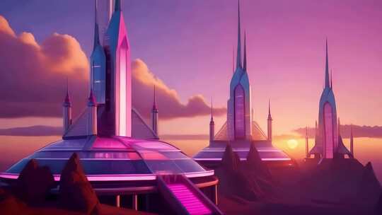 未来主义城市紫色水晶科幻城堡