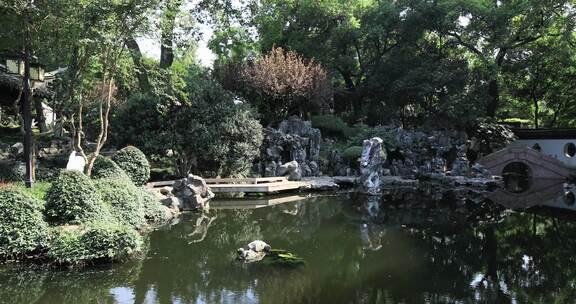 阳光绿植太湖石园林庭院水景特写 沉浸式