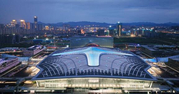杭州未来科技城火车站西站傍晚航拍