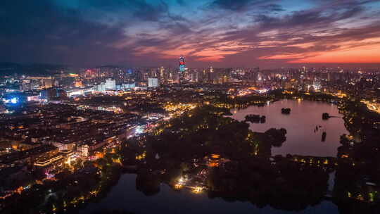 山东济南大明湖历公园历下区航拍城市夜景