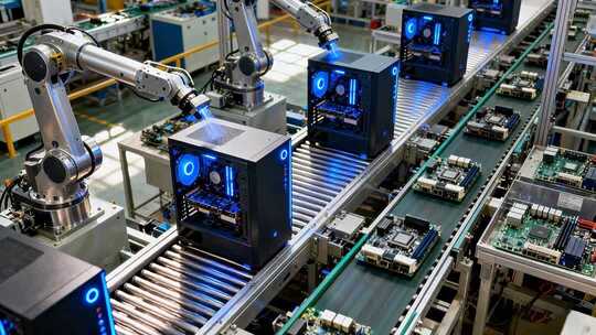 工厂机器人生产线组装电脑主机