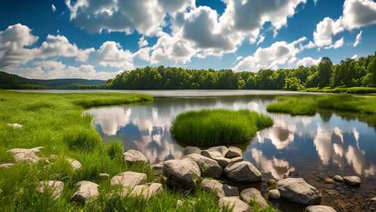 自然风光湖泊草地全景