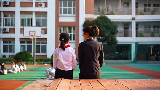 校园中女老师和女学生并排而坐的场景