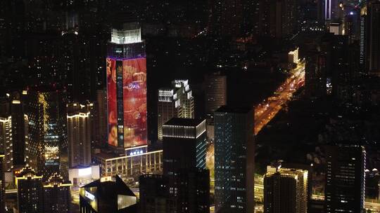 武汉红庙立交桥航拍灯光秀高楼大厦城市马路
