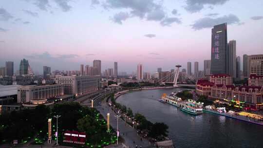 天津海河建筑城市夜景日落风光航拍