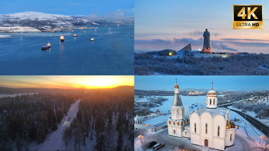 北极圈摩尔曼斯克纪念碑雪景港口日出4K