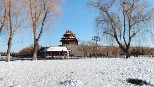 北京冬季景山公园故宫角楼雪景道路街景随拍
