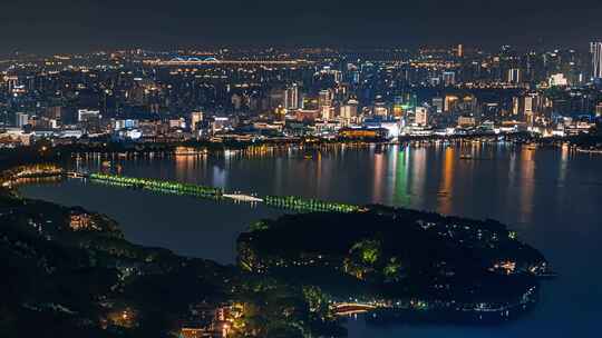 浙江杭州西湖夜景航拍延时