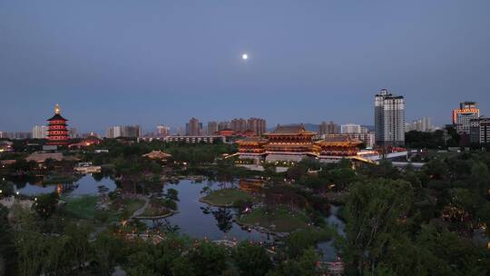 航拍九洲池夜景灯光秀古风