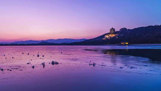 冬季颐和园佛香阁日落夕阳日转夜倒影延时