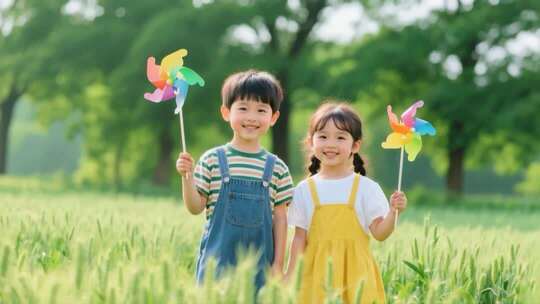 田野中儿童手持风车奔跑