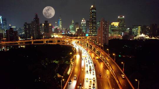 月亮从城市上空升起-中秋城市月圆视频素材模板下载