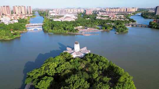 浙江省嘉兴平湖市东湖景区叔同公园航拍风光