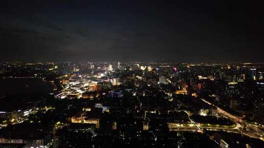 杭州城市夜幕降临夜景交通航拍