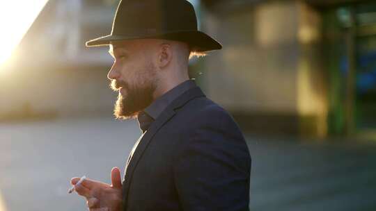 日落时分，留着时髦小胡子、戴着优雅帽子的胡子男子在城市街道吸烟视频素材模板下载
