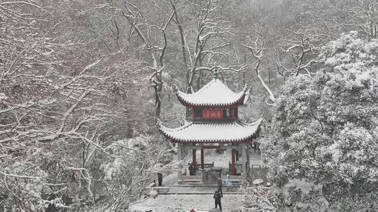 航拍城市风光长沙雪景古建筑爱晚亭雪景视频素材模板下载