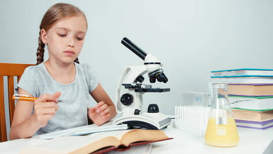 女孩记录显微镜看到的物体