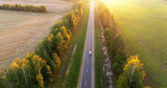 秋天行驶在乡村公路的汽车