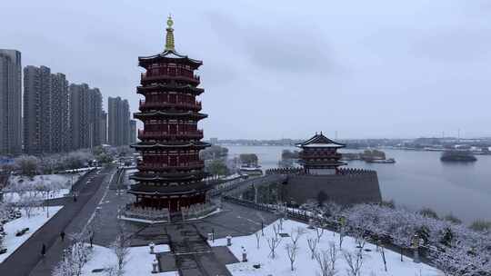 航拍洛阳朱樱塔雪景