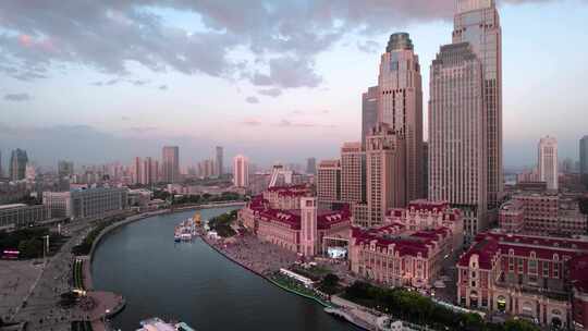 天津海河建筑城市夜景日落风光航拍