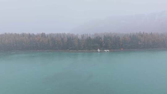 航拍大雪纷飞的喀纳斯湖秋色