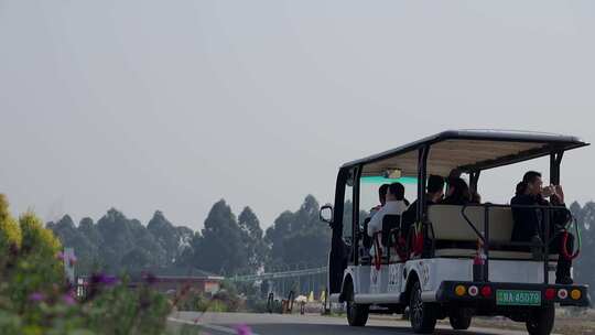 载着乘客的观光车行驶在道路上